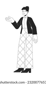 Directora asistente de sexo femenino apuntando con la mano de línea plana de carácter vector blanco negro. Esquema editable persona de cuerpo completo en blanco. Dibujo puntual aislado de caricatura simple del agente para diseño gráfico web