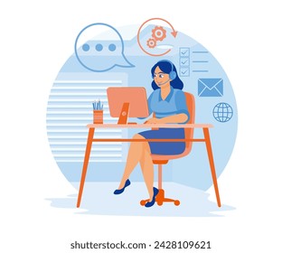  Female assistant working in call center office. Receive calls from clients 24 hours a day. Woman with phone calling to customer support service concept. flat vector modern illustration 