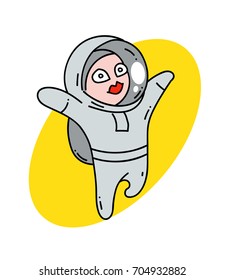 Female astranaut cartoon hand drawn image. Original colorful artwork, comic childish style drawing.