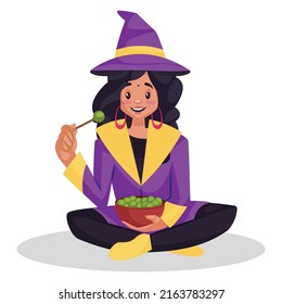 Female astrologer is eating food from a bowl. Vector graphic illustration. Individually on white background.