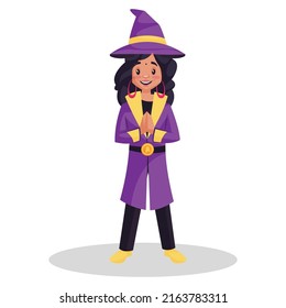 Female astrologer is with greet hands. Vector graphic illustration. Individually on white background.