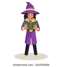 Female astrologer is holding a book in his hands and reading. Vector graphic illustration. Individually on white background.