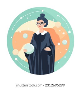 Female astrologer in mantle. Beauty astrology. Individual horoscope. Analysis of the characteristics of the date of birth. Flat style