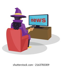 Female astrologer is sitting on a sofa and watching television. Vector graphic illustration. Individually on white background. 