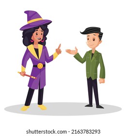 Female astrologer is talking to a man. Vector graphic illustration. Individually on white background.