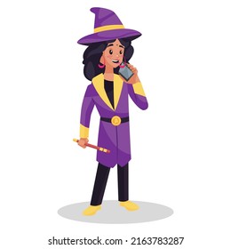 Female astrologer is talking on a mobile phone. Vector graphic illustration. Individually on white background. 