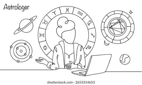 Astróloga feminina trabalhando em laptop estudando a posição de planetas e estrelas para prever eventos e dar conselhos de vida com base em sinais astrológicos e horóscopos. Ilustração de vetor desenhada à mão.