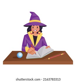 Female astrologer is writing in a notebook with a pen. Vector graphic illustration. Individually on white background.