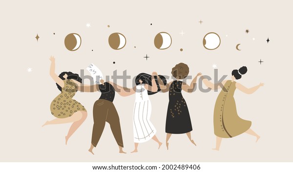 Female Astrological Festival Space.Women\
Astrologers Dancing under Moon Phases. Ritual dance\
together.Esoterics Sacred Woman Power. Feminine,Female Empowerment\
Energy. Flyer Flat Vector\
Illustration