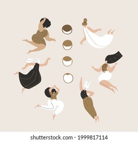 Female Astrological Space.Women Astrologers Dancing around Moon Phases.Ritual,voodoo dance together.Esoterics Sacred Woman Power.Feminine,Female Empowerment Energy.Flyer Flat Vector Illustration