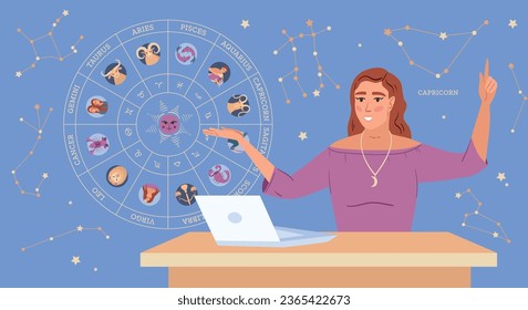 Female astrologist casting horoscope on laptop against blue background with zodiac calendar and constellations flat vector illustration