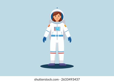 Female astronaut character in full space suit. Flat character design.