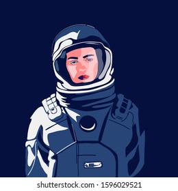  Female Astronaut Character in Space Uniform Standing. Spaceman, Spaceship and Research Mission. Vector Flat Illustration