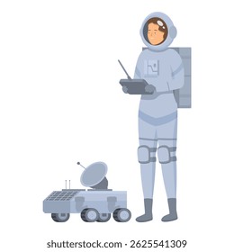 Female astronaut controlling mars rover with remote control exploring planet surface