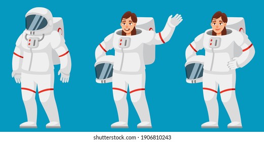 Female astronaut in different poses. Woman in cartoon style.