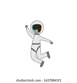 Female astronaut dressed in helmet isolated on white background. Young woman wearing an spacesuit floating in universe. Spaceman waving a hand. Vector illustartion.