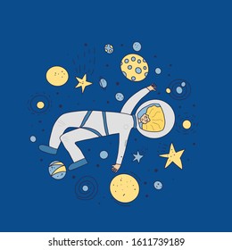 Female astronaut dressed in helmet. Young woman wearing an spacesuit floating in universe. spacewoman surrounded a stars. cirlce composition. Vector illustartion.