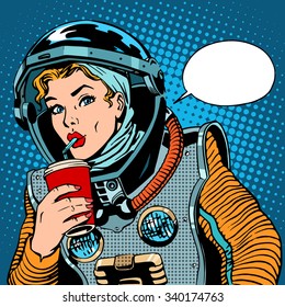 Female astronaut drinking soda pop art retro style