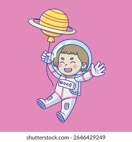 astronauta mulher flutuando segurando balões, simbolizando obrigado, tchau, oi. para a abertura e fechamento da apresentação ou banner do site