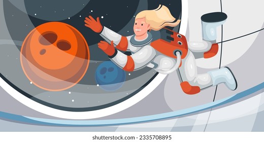 Female astronaut floating inside spaceship vector illustration. Cartoon woman in suit for space flights looking through window in spacecraft cabin at planets, astronaut flying in zero gravity