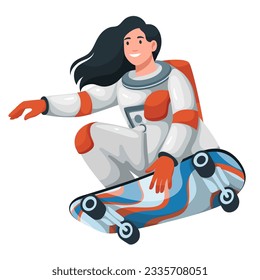 Female astronaut flying on skateboard vector illustration. Cartoon isolated woman skater flying and jumping, fun ride of funny cosmonaut with long hair, adorable astronaut in spacesuit skateboarding