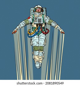 A female astronaut is flying upwards at high speed, like a rocket or an airplane. She opened her hands, followed by a reversible trail. Science and Astronautics