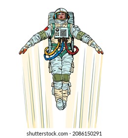 A female astronaut is flying upwards at high speed, like a rocket or an airplane. She opened her hands, followed by a reversible trail. Science and Astronautics