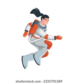 Female astronaut flying in zero gravity vector illustration. Cartoon isolated happy woman jumping in weightlessness, girl cosmonaut in spacesuit floating, motion of astronauts jump and flight