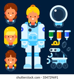 Female astronaut and his stuff: helmet, food, rover. Vector flat illustration. Isolated objects.