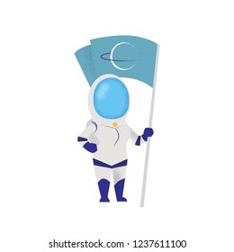 Female astronaut holding flag. Character, mission, discovery. Can be used for topics like sci-fi, astronomy, cosmos