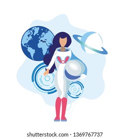 Female Astronaut Holding Helmet Flat Illustration: เวกเตอร์สต็อก (ปลอด