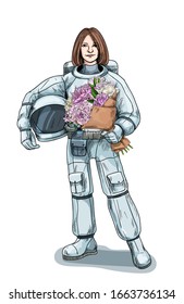 Female Astronaut holding the helmet in one hand and the lush peonies bouquet in another hand, hand drawn vector illustration