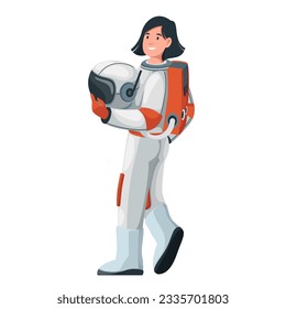 Female astronaut holding helmet vector illustration. Cartoon isolated woman in starship pilot costume walking in gravity of planet, side view of brave professional astronaut character in uniform