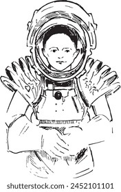 Female Astronaut ink sketch portrait. Female ink illustration isolated on white. Black and white vector drawing. 