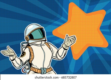 Female astronaut opened his arms dream star background. Pop art retro vector illustration