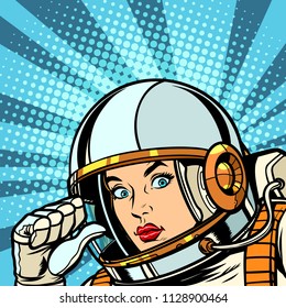 female astronaut points to himself thumb. Pop art retro vector vintage kitsch illustration drawing