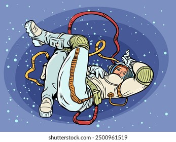 Female astronaut posing in space while lying down. Fashionable, stylish future clothing solutions. Cosmonautics Day and discovery in the stars. Pop Art Retro Vector Illustration Kitsch Vintage 50s 60s