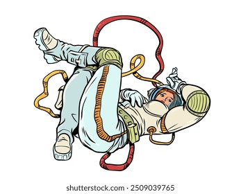 Female astronaut posing in space while lying down. Fashionable, stylish future clothing solutions. Cosmonautics Day and discovery in the stars. Pop Art Retro Vector Illustration Kitsch Vintage 50s 60s