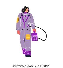 A female astronaut in a purple protective suit is walking. Space travel. Exploring the vastness of the universe. Working on a space station. Vector illustration isolated on white background.