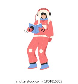 Female astronaut reading book and flying in zero gravity. Woman cosmonaut in spacesuit isolated person. Astronomy education, cosmos exploration, scientist daily routine. Vector character illustration