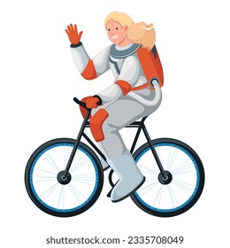 Female astronaut riding bike vector illustration. Cartoon isolated woman cyclist waving hand, happy girl cosmonaut in spacesuit cycling for space adventure, healthy activity of astronaut character