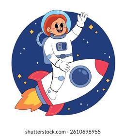 Female astronaut riding rocket cartoon