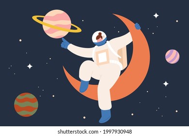 Female astronaut in space. Flat style illustration of woman astronaut in spacesuit sitting on moon and reaching out to a planet. Concept of space trip or female at her workplace