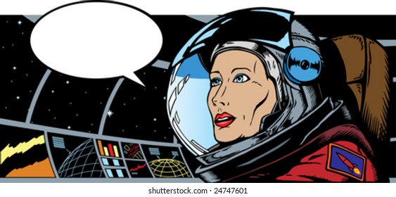 Female Astronaut in space.  Astronaut is a separate drawing and can be removed from background and seat.