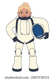 Female astronaut in space suit on white background