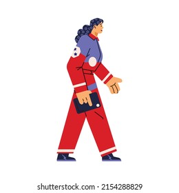 Female astronaut in space suit walking, flat vector illustration isolated on white background. Cartoon character of woman working on spaceship.