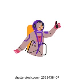 Female astronaut in a special protective suit and helmet shows with her hand a sign that everything is ok. Close up. Portrait. Space explorer. Vector illustration isolated on white background.