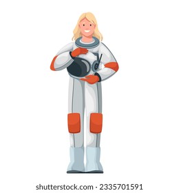 Female astronaut standing, holding helmet vector illustration. Cartoon isolated happy woman astronaut in suit for space travel, front view of cheerful spacecraft crew captain or pilot with smile