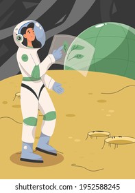 Female astronaut studying plants. Scientist in spacesuit researching life forms on planet's surface. Colonization of other planets, scientific space mission concept. Vector character illustration