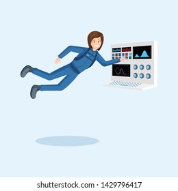 Female astronaut training flat illustration. Cosmonaut floating in zero gravity, pressing button on spaceship control panel cartoon vector character. Space mission preparing isolated clipart